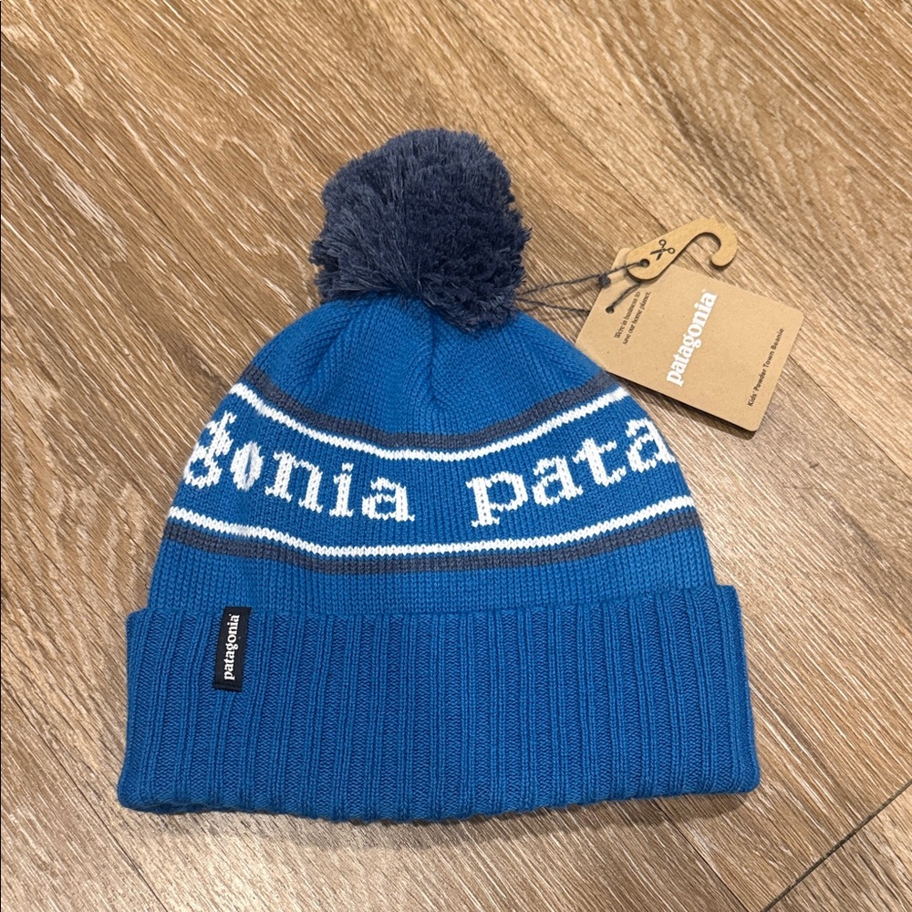 Patagonia Kids Blue Knit Beanie with Pom-Pom